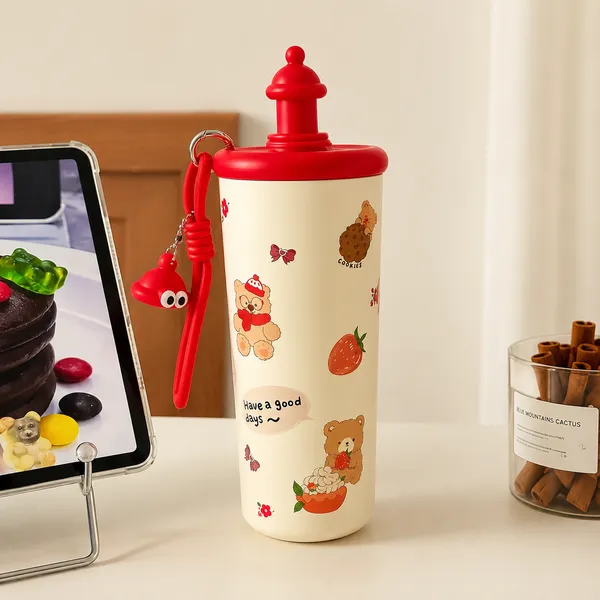 White_Printed_Kids_Water_Bottle_With_Red_Lid_Sipper