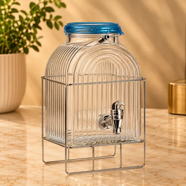 Glass_Metal_Ribbed_Beverage_Dispenser_With_Tap_And_Stand