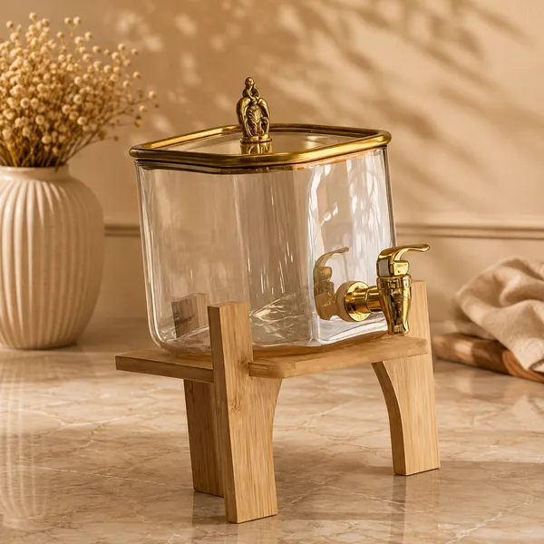 Glass_Wood_Ornate_Beverage_Dispenser_With_Wooden_Stand