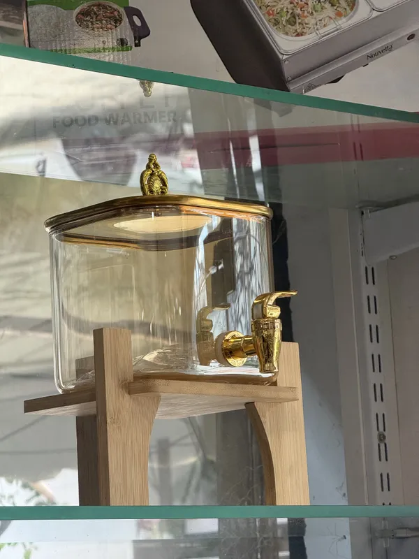 Glass_Wood_Ornate_Beverage_Dispenser_With_Wooden_Stand