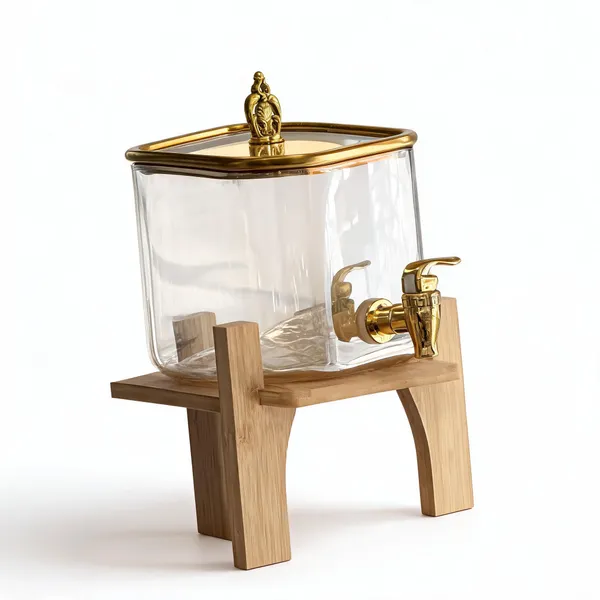 Glass_Wood_Ornate_Beverage_Dispenser_With_Wooden_Stand