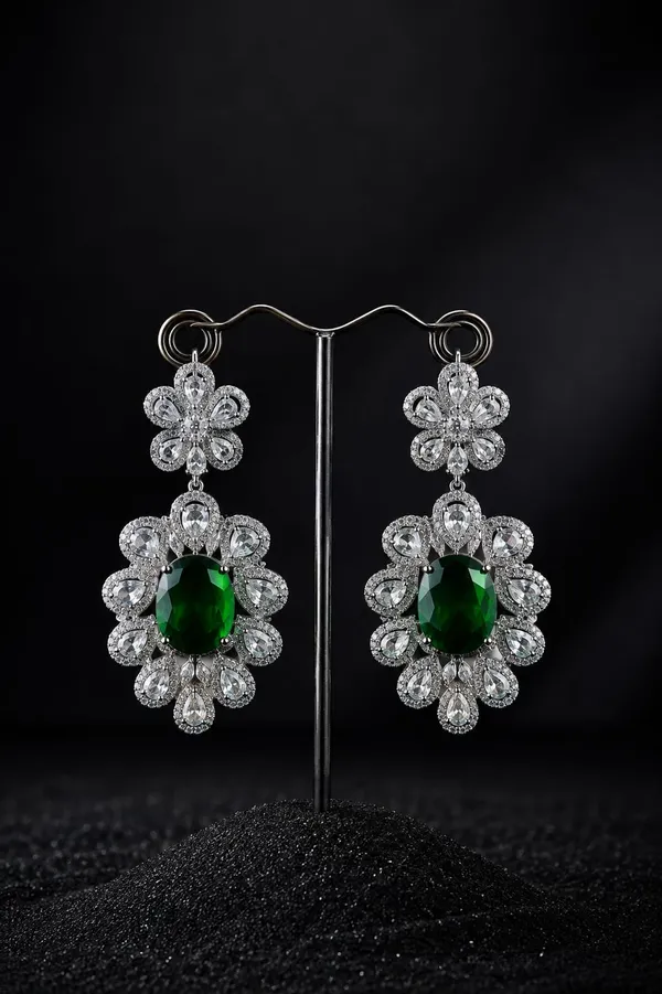 Silver_And_Green_American_Diamond_Floral_Green_Stone_Drop_Earrings_For_Women