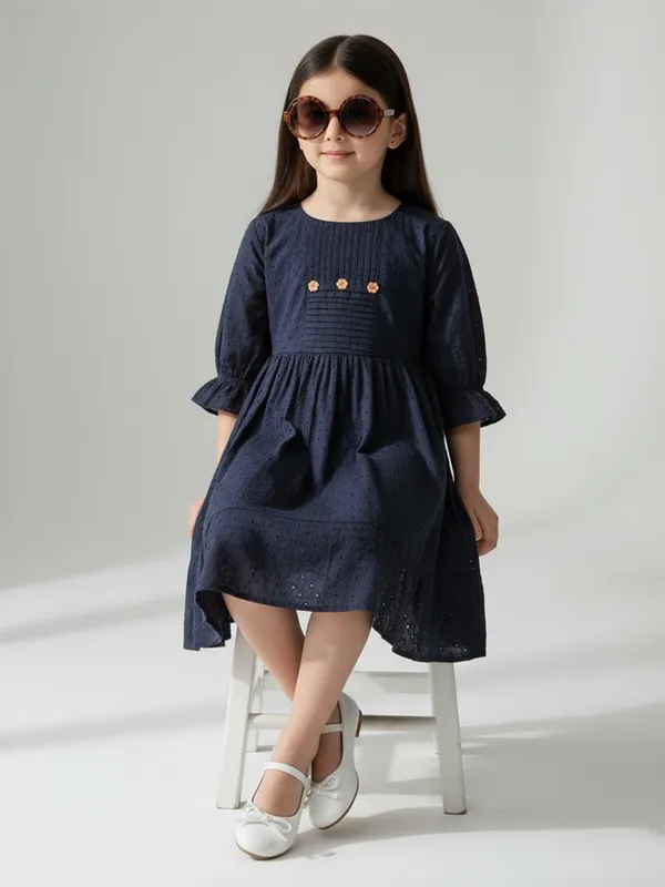 Bella_Moda_Schifli_Cutwork_Dress_With_Pleated_Yoke_And_Puff_3/4_Th_Sleeves