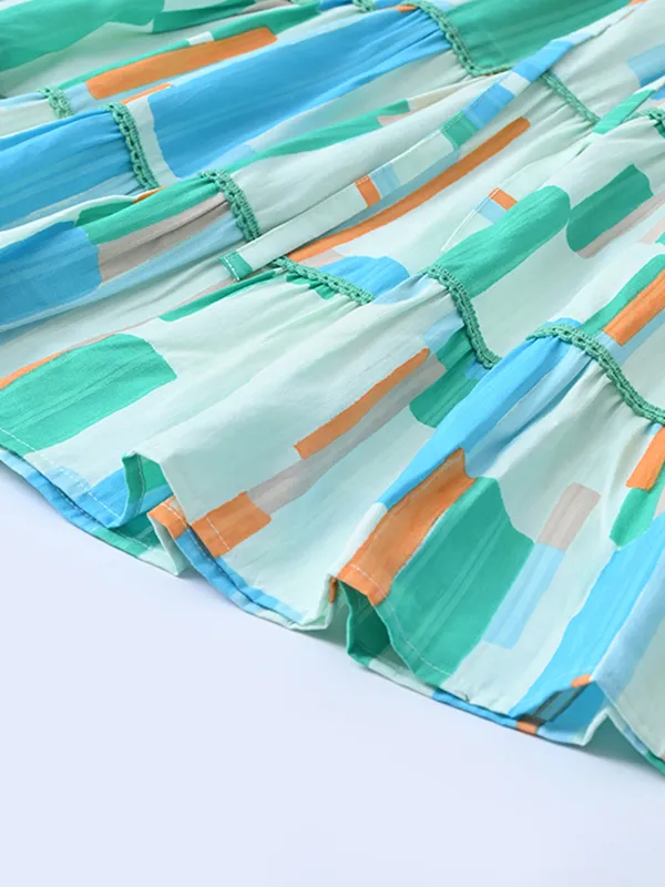 Girls_Geometric_Print_Cotton_Woven_Tiered_Dress_With_Puff_Sleeves_Aqua_Blue_And_White