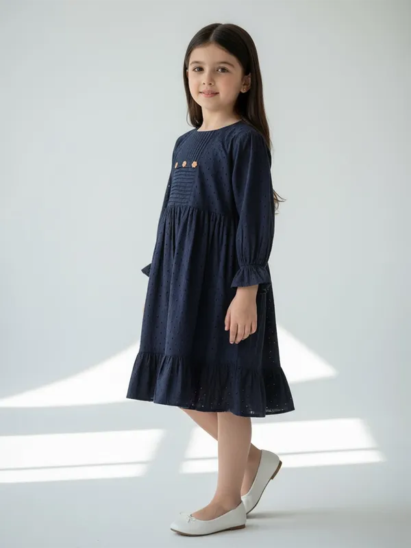 Bella_Moda_Schifli_Cutwork_Dress_With_Pleated_Yoke_And_Puff_3/4_Th_Sleeves