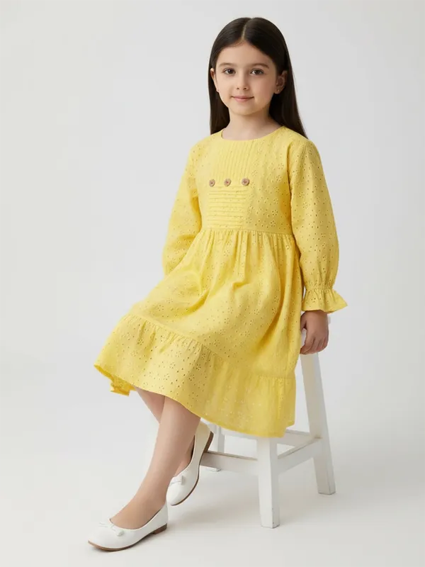 Bella_Moda_Schifli_Cutwork_Dress_With_Pleated_Yoke_And_Puff_3/4_Th_Sleeves