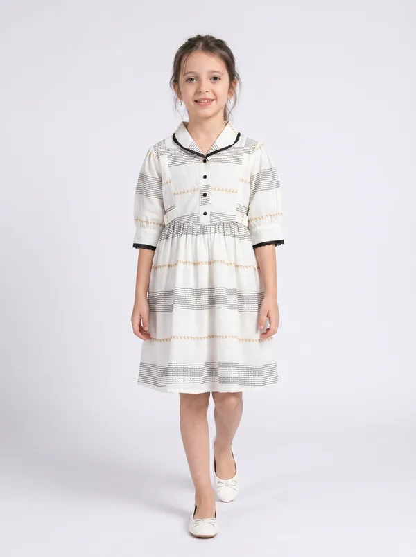 Girls_Sriped_Cotton_Woven_Dress_With_Bow_Waist_Applique_White