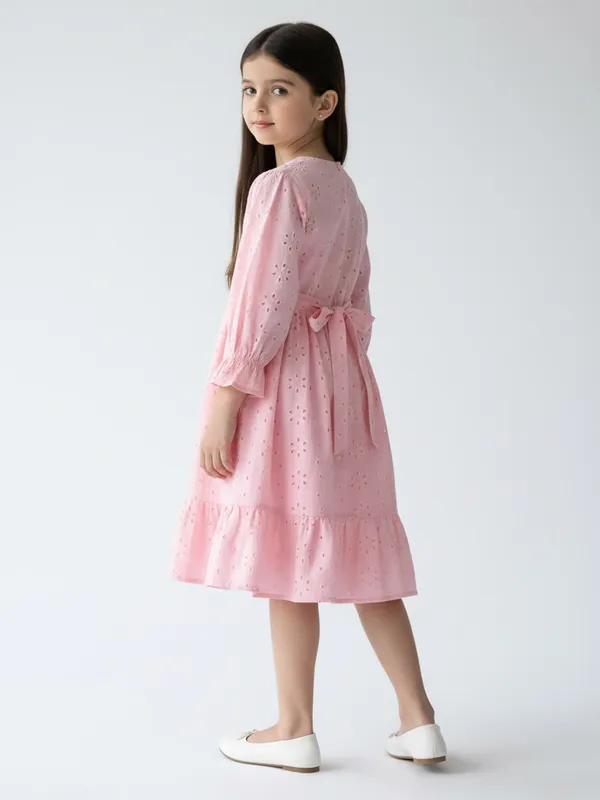 Bella_Moda_Schifli_Cutwork_Dress_With_Pleated_Yoke_And_Puff_3/4_Th_Sleeves