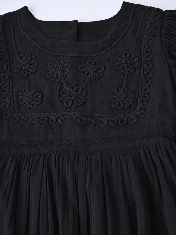 Girls_Cotton_Woven_Dress_With_Aari_Work_Embroidered_Yoke_And_Puff_Sleeves_Black