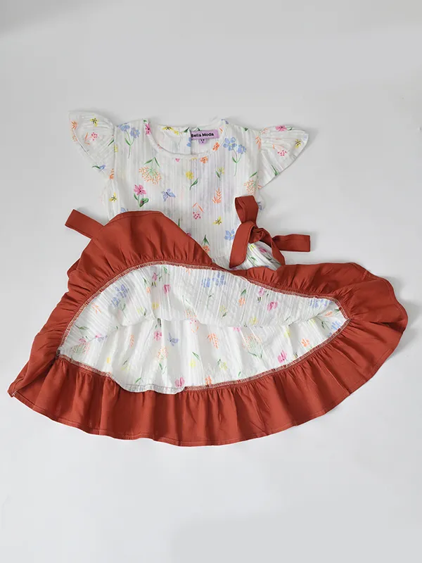 Bella_Moda_Cotton_Half_Sleeves_Front_Bow_Knott_Printed_Dress_Marron