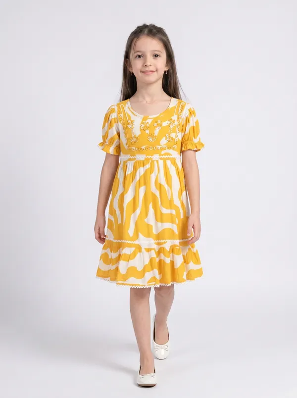 Girls_Cotton_Woven_Dress_With_Aari_Work_Embroidered_Yoke_And_Puff_Sleeves_Yellow