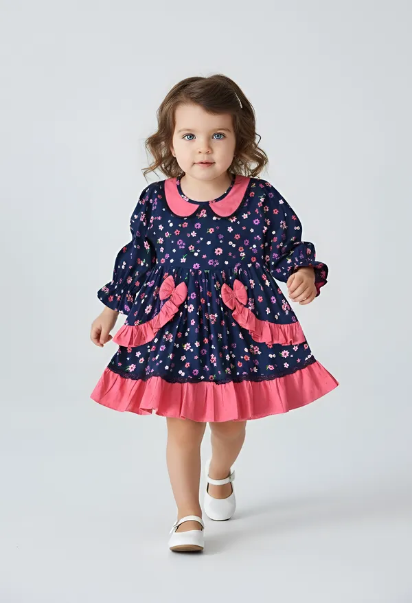 Bella_Moda_Cotton_Full_Sleeves_Frilled_Dresign_Printed_Dress_Navy_Blue