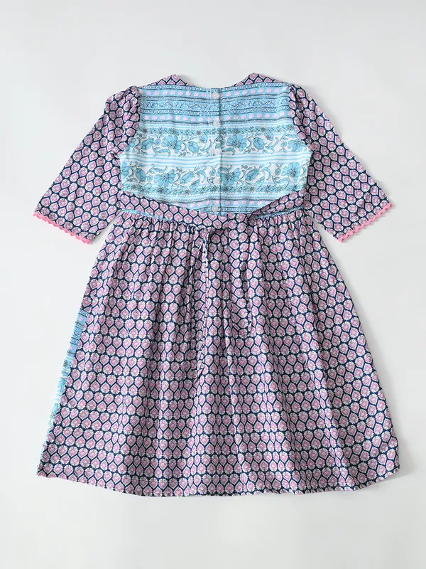 Bella_Moda_Cotton_3/4_Th_Sleeves_Fit_And_Flare_Printed_Dress_Blue