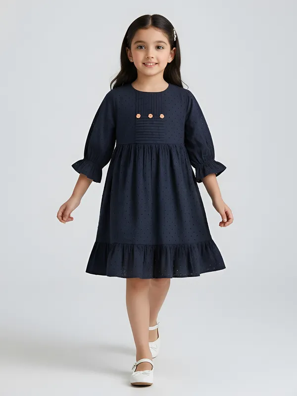 Bella_Moda_Schifli_Cutwork_Dress_With_Pleated_Yoke_And_Puff_3/4_Th_Sleeves