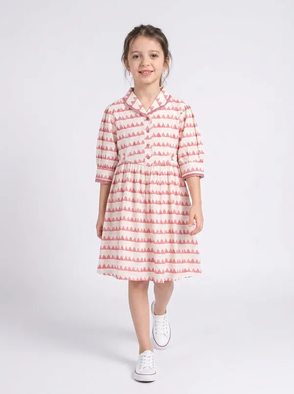 Girls_Sriped_Cotton_Woven_Dress_With_Bow_Waist_Applique_Peach_And_White