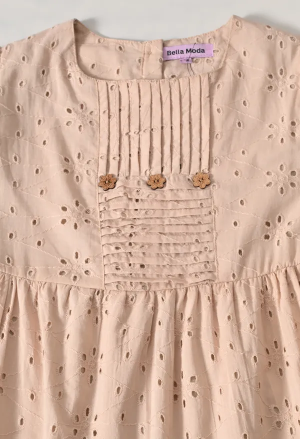 Bella_Moda_Schifli_Cutwork_Dress_With_Pleated_Yoke_And_Puff_3/4_Th_Sleeves