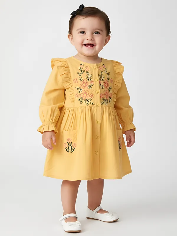Bella_Moda_Girls_Floral_Embroidered_Cotton_Dress_With_Frill_Shoulders_And_Button_Front_And_Pockets