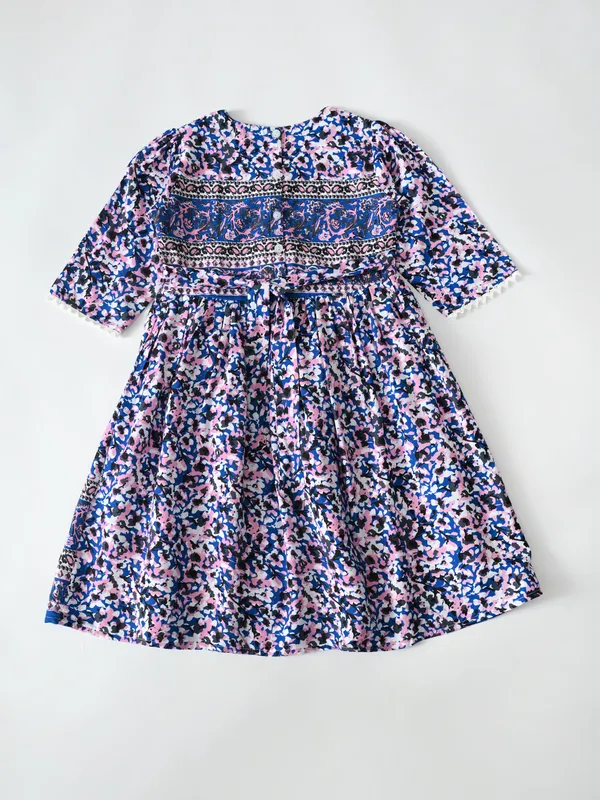 Bella_Moda_Cotton_3/4_Th_Sleeves_Fit_And_Flare_Printed_Dress_Navy_Blue