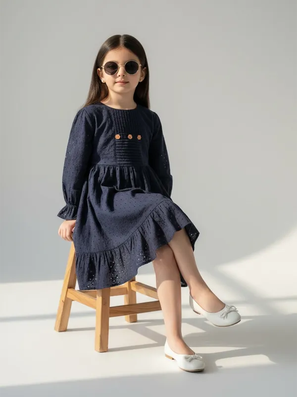 Bella_Moda_Schifli_Cutwork_Dress_With_Pleated_Yoke_And_Puff_3/4_Th_Sleeves