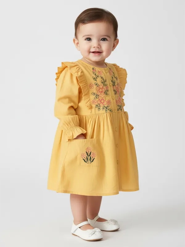 Bella_Moda_Girls_Floral_Embroidered_Cotton_Dress_With_Frill_Shoulders_And_Button_Front_And_Pockets