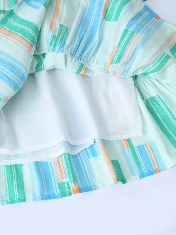 Girls_Geometric_Print_Cotton_Woven_Tiered_Dress_With_Puff_Sleeves_Aqua_Blue_And_White
