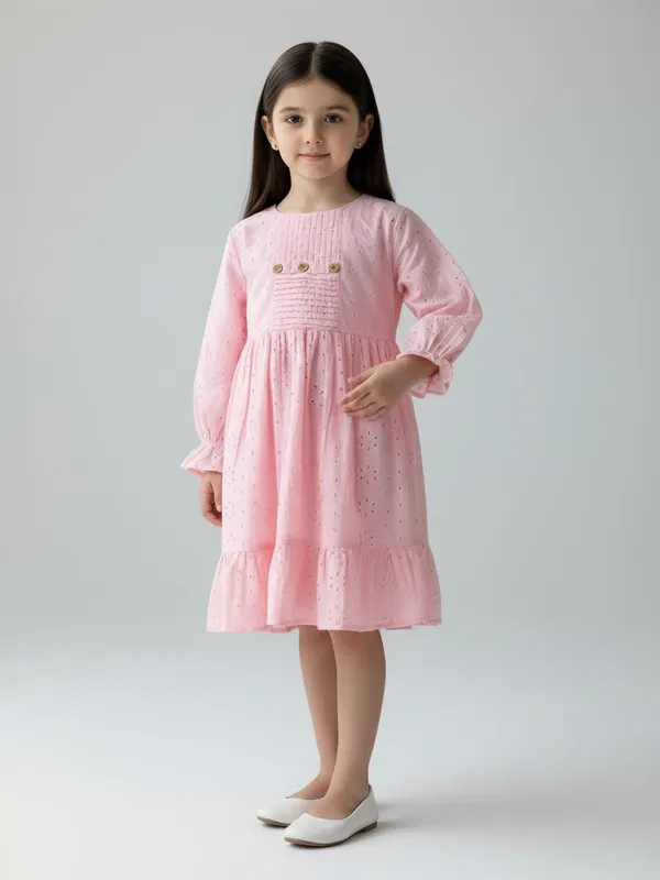 Bella_Moda_Schifli_Cutwork_Dress_With_Pleated_Yoke_And_Puff_3/4_Th_Sleeves