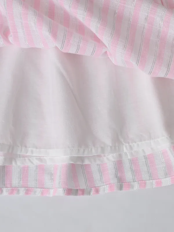 Girls_Sriped_Cotton_Woven_Dress_With_Bow_Waist_Applique_Pink
