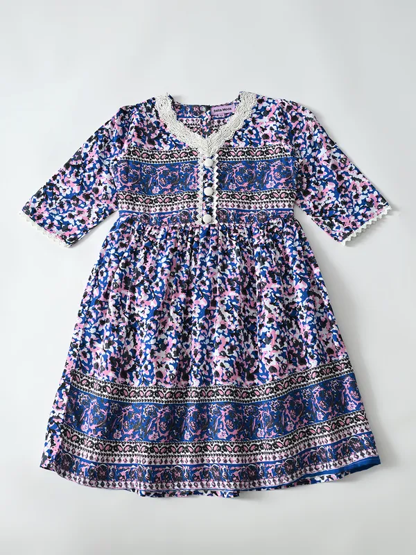 Bella_Moda_Cotton_3/4_Th_Sleeves_Fit_And_Flare_Printed_Dress_Navy_Blue