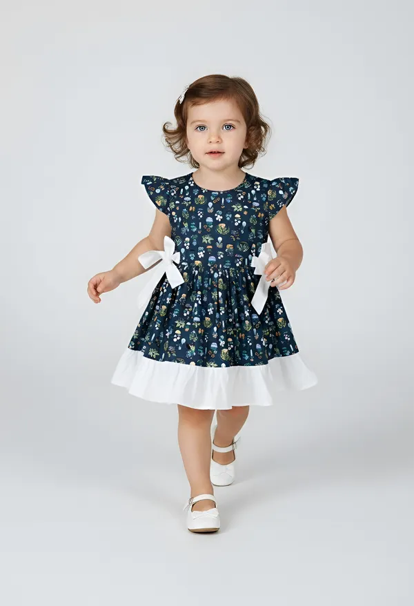 Bella_Moda_Cotton_Half_Sleeves_Front_Bow_Knott_Printed_Dress_Navy_Blue