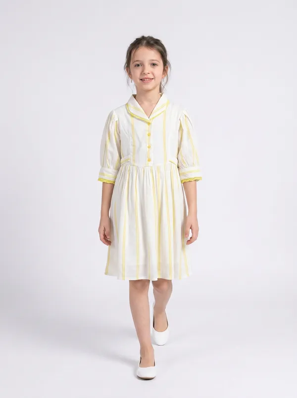 Girls_Sriped_Cotton_Woven_Dress_With_Bow_Waist_Applique_Yellow