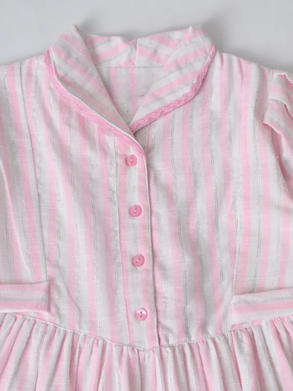 Girls_Sriped_Cotton_Woven_Dress_With_Bow_Waist_Applique_Pink