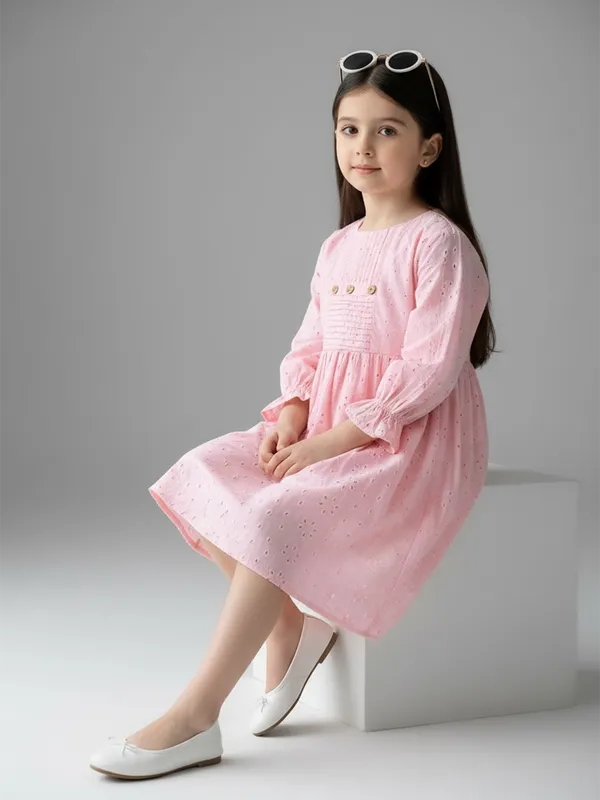 Bella_Moda_Schifli_Cutwork_Dress_With_Pleated_Yoke_And_Puff_3/4_Th_Sleeves