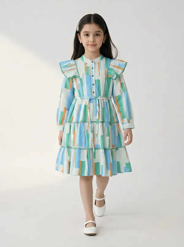 Girls_Geometric_Print_Cotton_Woven_Tiered_Dress_With_Puff_Sleeves_Aqua_Blue_And_White