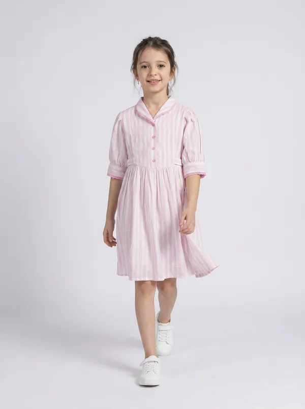 Girls_Sriped_Cotton_Woven_Dress_With_Bow_Waist_Applique_Pink