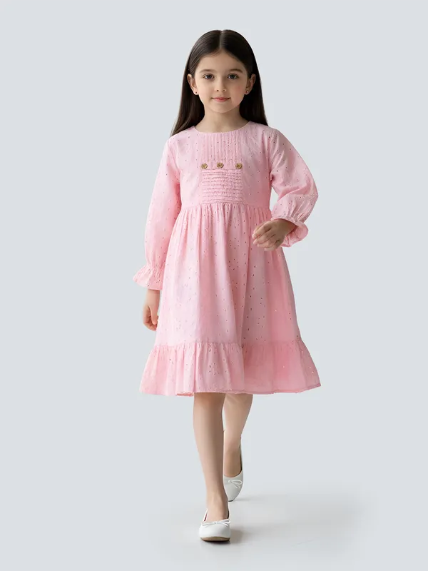 Bella_Moda_Schifli_Cutwork_Dress_With_Pleated_Yoke_And_Puff_3/4_Th_Sleeves