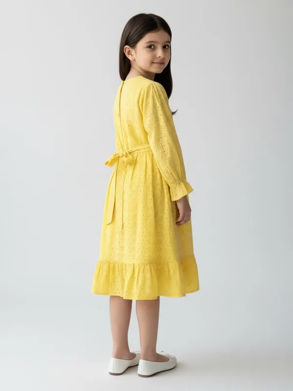 Bella_Moda_Schifli_Cutwork_Dress_With_Pleated_Yoke_And_Puff_3/4_Th_Sleeves
