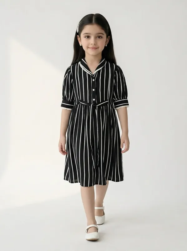 Girls_Sriped_Cotton_Woven_Dress_With_Bow_Waist_Applique_Black