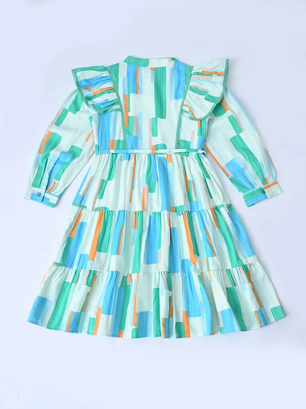 Girls_Geometric_Print_Cotton_Woven_Tiered_Dress_With_Puff_Sleeves_Aqua_Blue_And_White