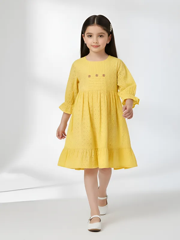 Bella_Moda_Schifli_Cutwork_Dress_With_Pleated_Yoke_And_Puff_3/4_Th_Sleeves