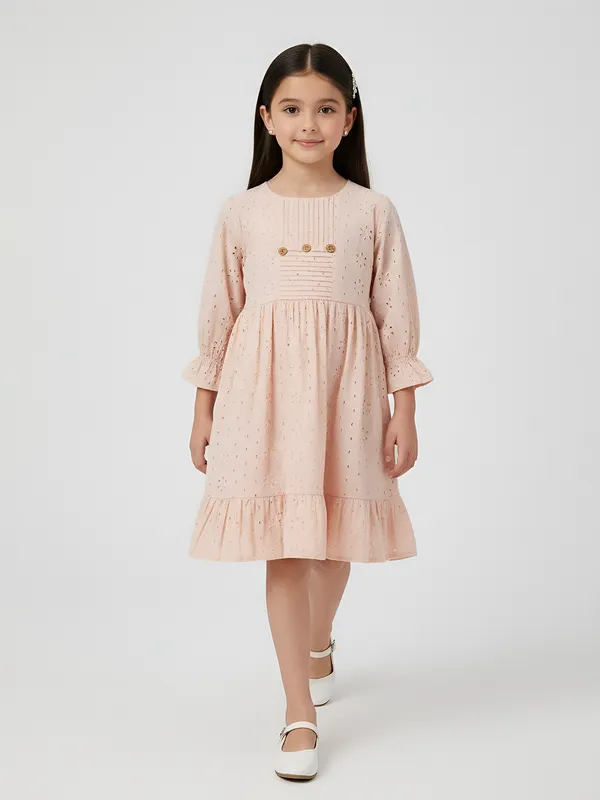 Bella_Moda_Schifli_Cutwork_Dress_With_Pleated_Yoke_And_Puff_3/4_Th_Sleeves