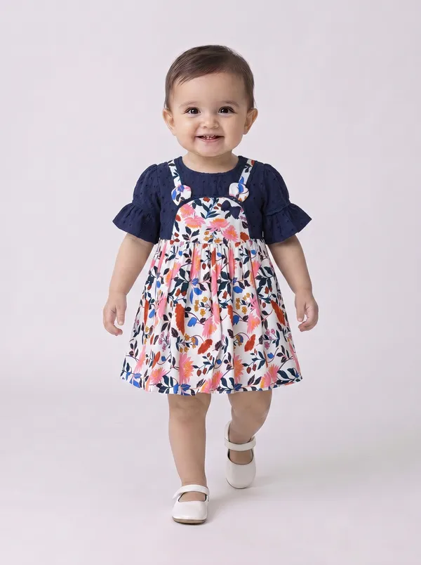 Baby_Girls_Floral_Printed_Cotton_Woven_Dress_With_Bell_Sleeves_Navy_Blue_And_Pink