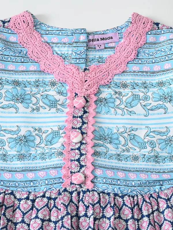 Bella_Moda_Cotton_3/4_Th_Sleeves_Fit_And_Flare_Printed_Dress_Blue