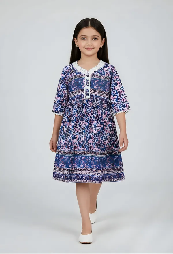 Bella_Moda_Cotton_3/4_Th_Sleeves_Fit_And_Flare_Printed_Dress_Navy_Blue