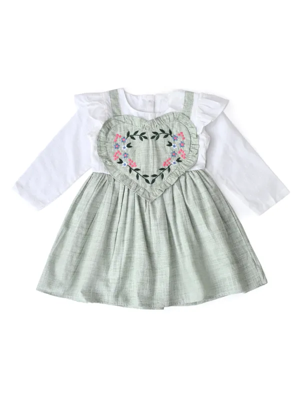 Girls_Floral_Embroidered_Cotton_Woven_Dress_With_Full_Sleeves_Green