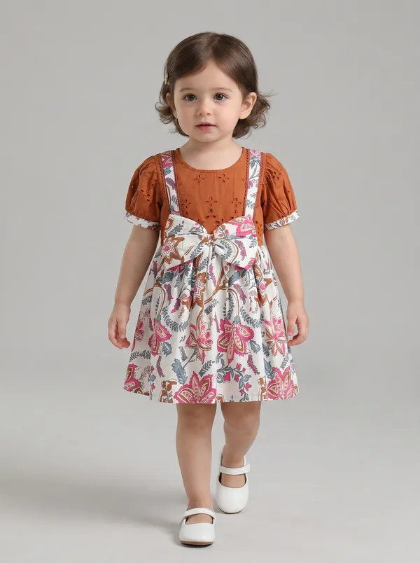 Baby_Girls_Printed_Cotton_Woven_Fit_And_Flare_Dress_With_Puff_Sleeves_And_Bow_Appilque_Rust_Brown_And_White
