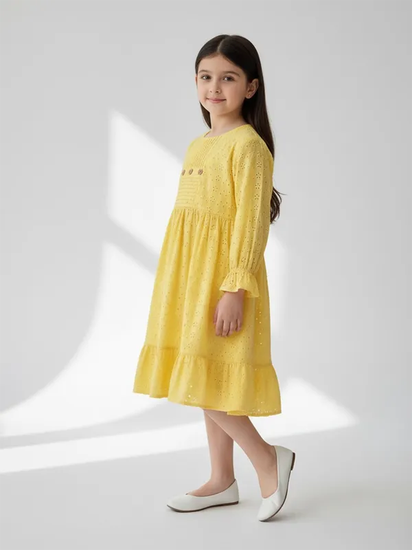 Bella_Moda_Schifli_Cutwork_Dress_With_Pleated_Yoke_And_Puff_3/4_Th_Sleeves