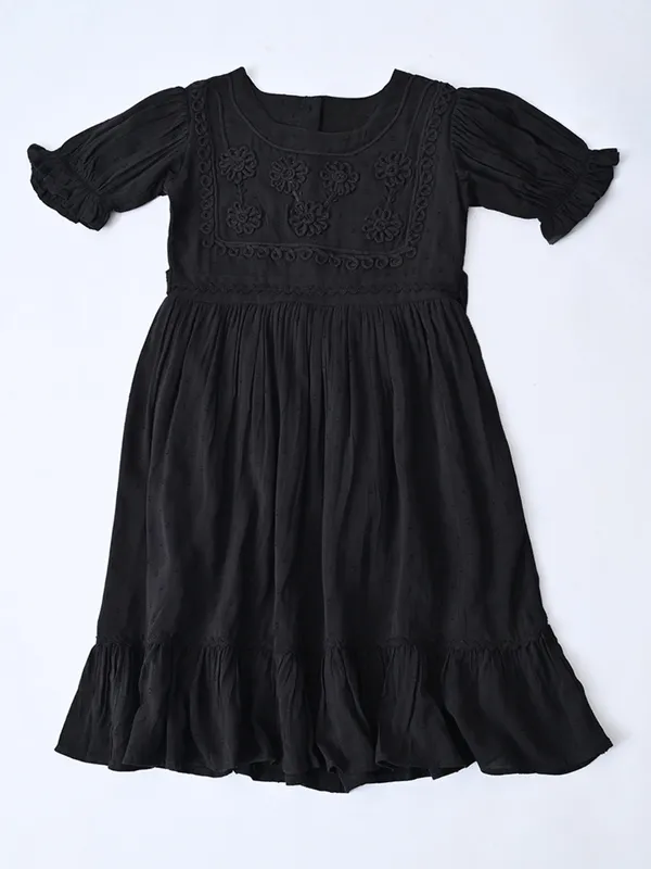 Girls_Cotton_Woven_Dress_With_Aari_Work_Embroidered_Yoke_And_Puff_Sleeves_Black
