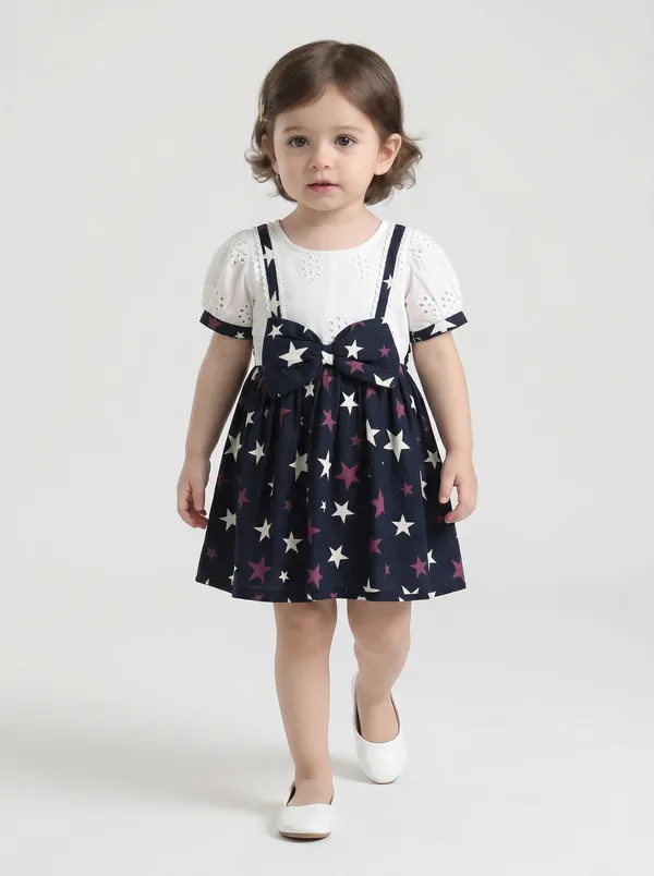 Baby_Girls_Printed_Cotton_Woven_Fit_And_Flare_Dress_With_Puff_Sleeves_And_Bow_Appilque_White
