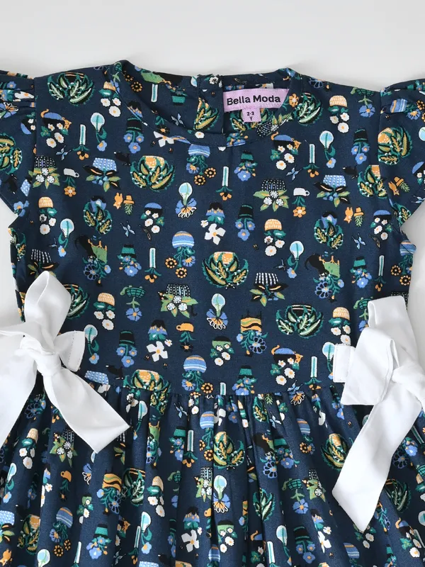 Bella_Moda_Cotton_Half_Sleeves_Front_Bow_Knott_Printed_Dress_Navy_Blue