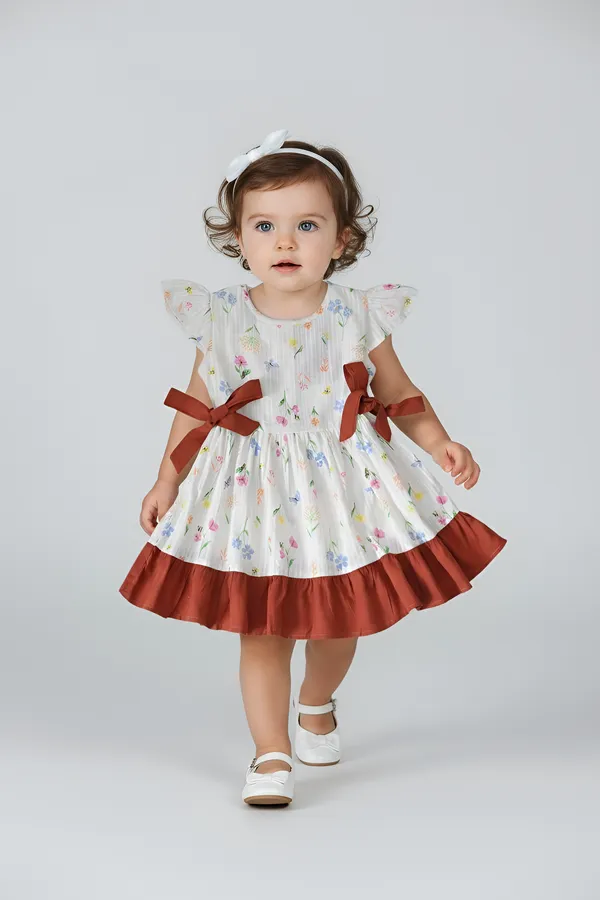 Bella_Moda_Cotton_Half_Sleeves_Front_Bow_Knott_Printed_Dress_Marron